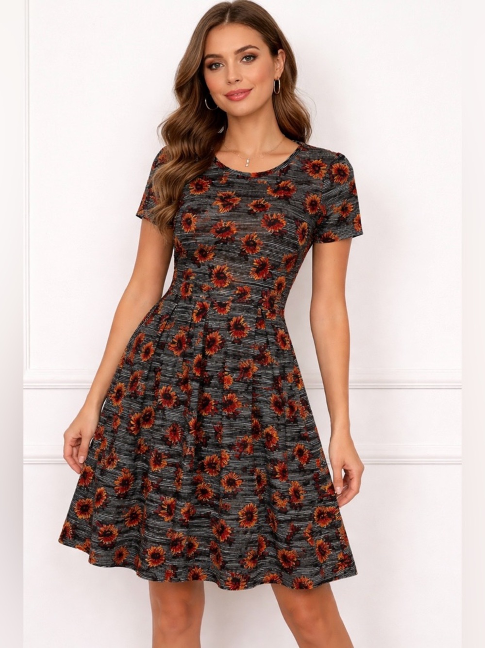 LULAROE Amelia Sunflower Stripe Dress Autumn Exposed Zipper Womens M